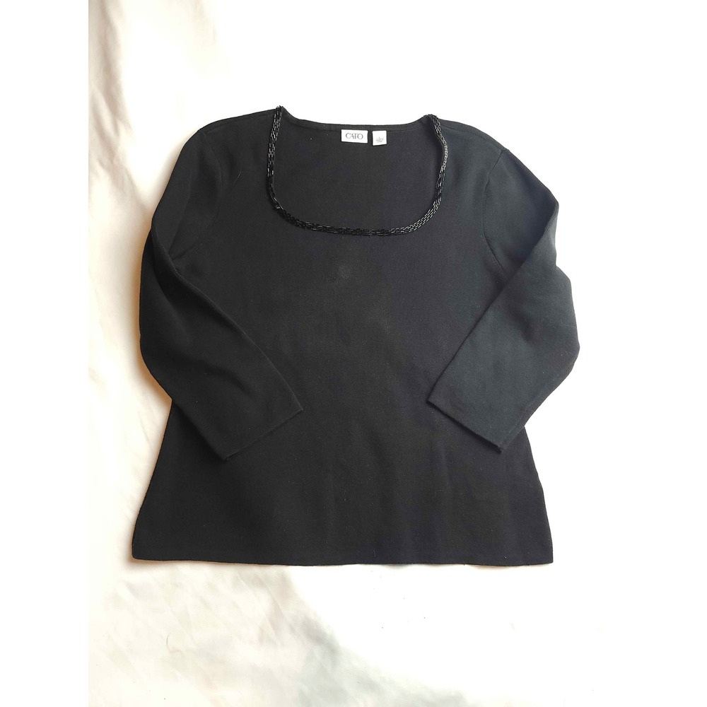 Cato Black Beaded Scoop Neck 3/4 Sleeve Knit Top Large